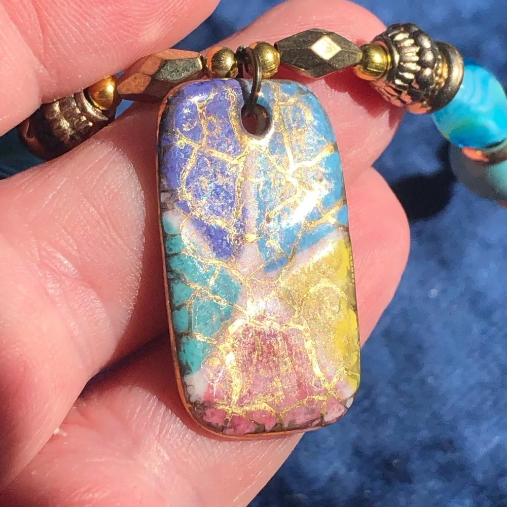 Handcrafted repurpose vintage 80s stained glass porcelain pendant bead necklace